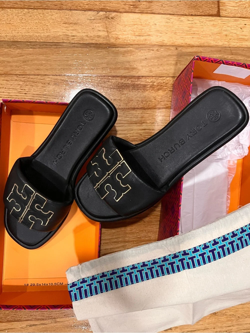 Tory Burch Black Slide Sandals with Gold Logo